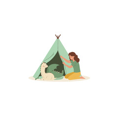 Imaginative playtime scene depicting a young girl and her dragon friend inside a cozy tent