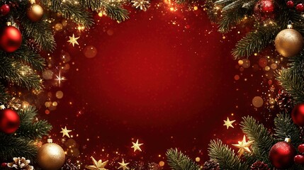 christmas background with red color and golden decorations. christmas frame with christmas tree branches, stars, ornaments, and lights on the edges, christmas holiday background concept. 
