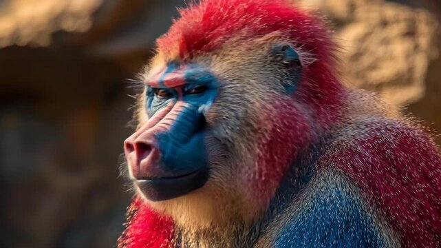 Close-up portrait of a colorful Mandrill monkey with red and blue markings, looking left.