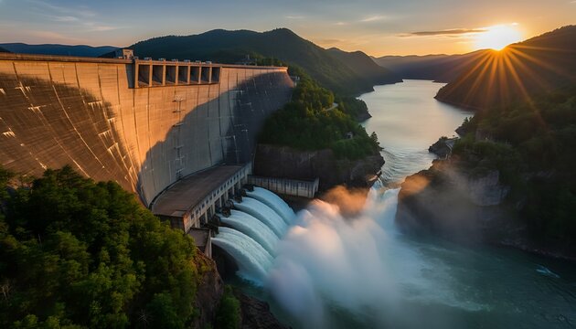 Hydroelectric dam at sunset with powerful water spillway and mountain river valley - Powered by Adobe
