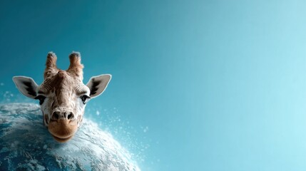 A whimsical depiction of a giraffe's head peering over a globe, blending the animal kingdom with the earthly realm, representing curiosity and imaginative exploration.