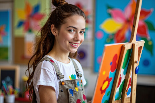 Vibrant Art Studio Scene: Young Woman in Colorful Paint-Splattered Overalls Displays Masterpiece Painting on Easel