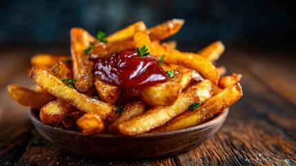 A mouth-watering bowl of crispy golden fries topped with ketchup captures the essence of comfort food, evoking feelings of satisfaction and indulgence in a delicious treat.