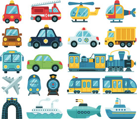 Collection of Colorful Flat Design Icons of Various Vehicles transportation