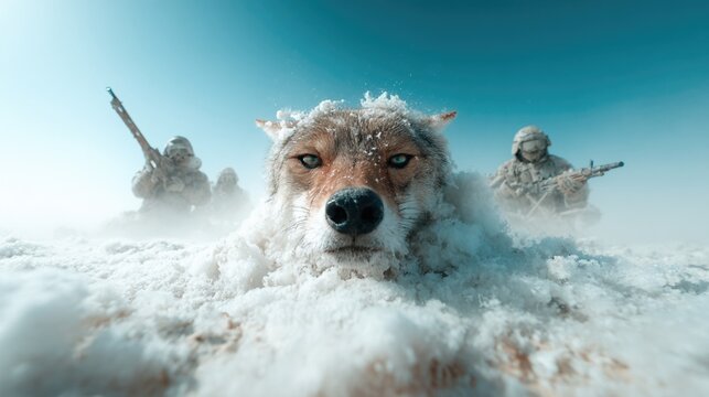This image features a coyote peering through snow, evoking feelings of resilience and the harsh beauty of nature's winter landscapes amid military figures.