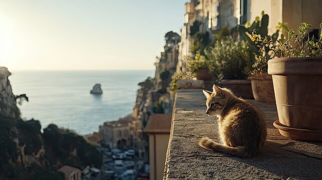Tabby Cat Sits on a Stone Balcony Overlooking a Coastal Town and the Ocean During Golden Hour Sunlight