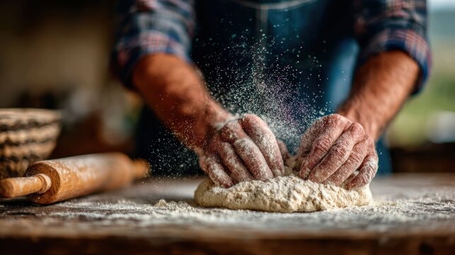 A pair of hands skillfully kneads dough in a rustic kitchen, highlighting the art of baking and the love that goes into preparing homemade food.
