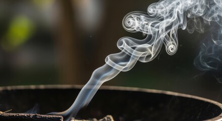 Wisps of white smoke gracefully curl upwards from a dark source in soft light