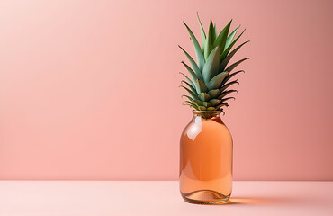 single champagne bottle adorned lush green pineapple leaves resting soft pink surface amidst minimalist party