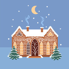 Gingerbread house vector featuring icing motifs and textured cookie facade, playful illustrative bakery style architecture on simple blue background