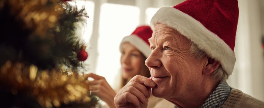 The elderly man in a Santa hat admiring a decorated Christmas tree with family - Powered by Adobe
