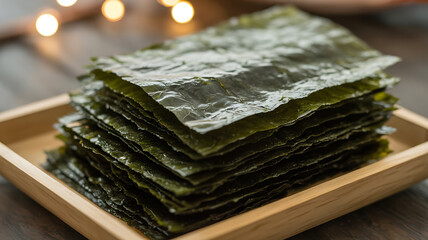 High resolution image of stacked dried nori sheets in a wooden tray essential ingredient for making sushi rolls or a healthy savory asian snack with bokeh background