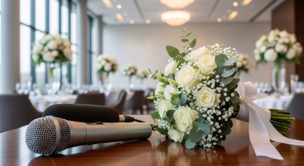 Microphone with white rose bouquet on a table in a luxurious event hall ready for a wedding reception or ceremony