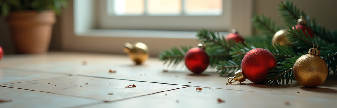 festive flat lay featuring abandoned christmas decorations amidst sparse muted backdrop bathed soft glow
