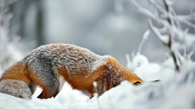 A majestic red fox sits on a snow-covered branch amidst the winter forest.
