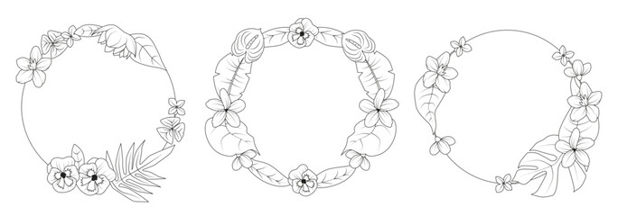Collection of Line Art Tropical Floral Wreaths.