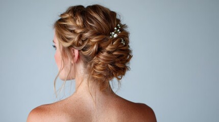 This beautiful bridal hairstyle features intricate braids and delicate floral accents, perfect for an elegant wedding celebration or special occasion.