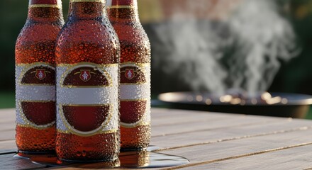 Three cold beer bottles with condensation on a wooden table near a smoking grill