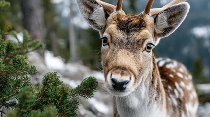 A close-up of a young deer showcasing its curiosity in a lush forest, evoking feelings of wonder and admiration for the beauty of wildlife in nature.