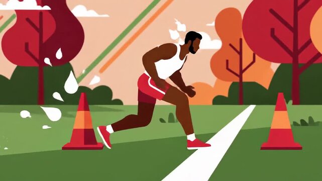 Athlete's Dynamic Sprint Through Course Obstacles in Beautiful Animated Illustrations