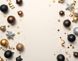 Elegant holiday flat lay background (AI-generated). Festive border of black, gold, and silver ornaments on a dark background. Copy space ideal for seasonal greetings, banners, and promotions.