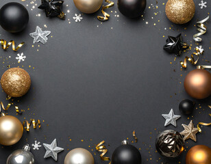 Elegant holiday flat lay background (AI-generated). Festive border of black, gold, and silver ornaments on a dark background. Copy space ideal for seasonal greetings, banners, and promotions.