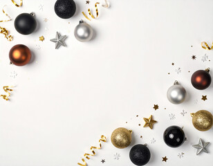 Elegant holiday flat lay background (AI-generated). Festive border of black, gold, and silver ornaments on a dark background. Copy space ideal for seasonal greetings, banners, and promotions.