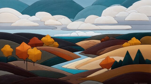 Vibrant Fauvist Autumn Landscape with Ochre and Crimson Fields and Textured Hills Under a Cloudy Sky