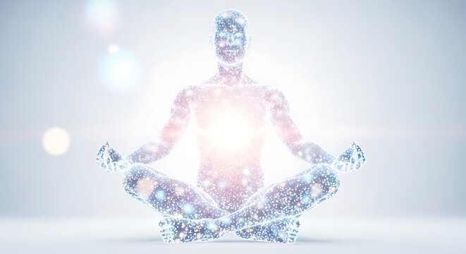 Meditating human figure made of glowing particles in a yoga lotus pose, spiritual enlightenment concept.