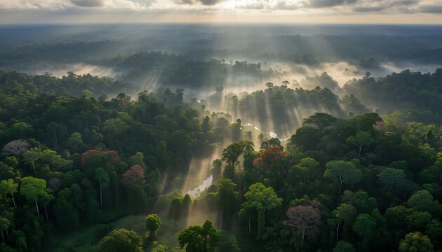 Tropical rainforest aerial at sunrise with mist, sun rays, winding river, and lush jungle canopy