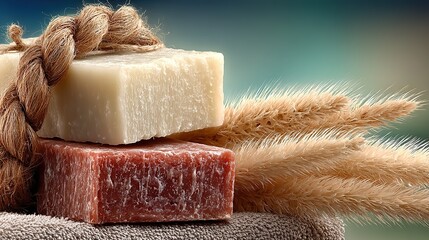 Instagram-style flat-lay gray-linen handmade soaps + dried plants on white, minimal self-care snap