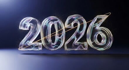 2026 Glass Bubble Numbers with Gold Particles on Dark Background
