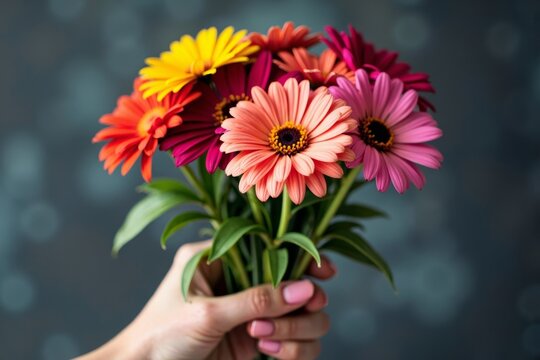 A woman's hand grasping a vibrant bouquet of flowers showcasing colorful petals and delicate stems.