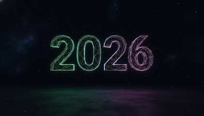 2026 new year glowing wireframe text with futuristic digital mesh design in dark space