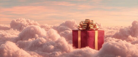 The gift box floating on fluffy clouds under a pastel sunset sky