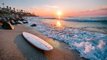 A surfboard rests on the sandy shore as the sun sets over the ocean, creating a picturesque scene perfect for summer vibes and beach lovers alike.