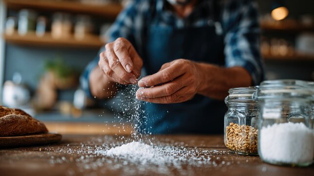 A focused chef expertly sprinkles flour while preparing fresh ingredients in a modern kitchen, embodying dedication and artistry in culinary techniques and processes.