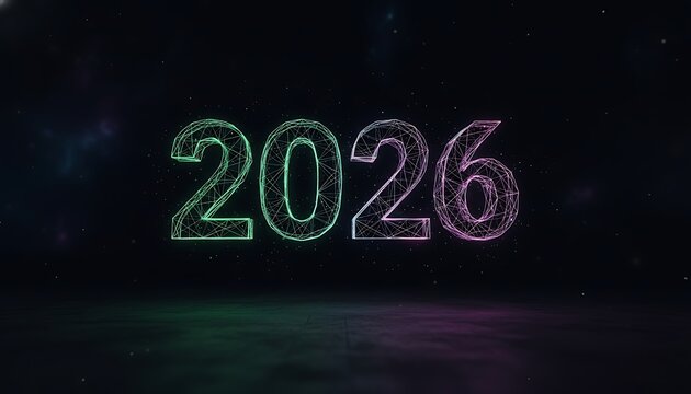2026 new year glowing wireframe text with futuristic digital mesh design in dark space
