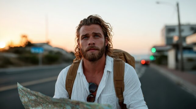 An adventurous young man studies a map while standing on a road at sunset, representing exploration, travel, and the eagerness to discover new experiences and places.
