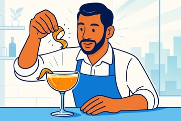 Bartender garnishing cocktail with citrus twist in modern bar interior with abstract light city background in colorful illustration style. Ai generative