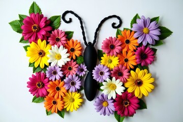 A Butterfly-Shaped Bouquet of Vibrant Flowers Captured from Above.