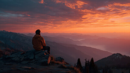 Obraz premium Hiker watching serene sunset over vast mountain landscape