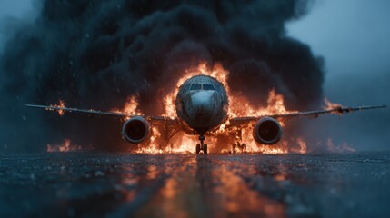 A distressed scene of an airplane engulfed in flames on an airport runway, illustrating chaos and dramatic tension against a backdrop of thick black smoke and rain.