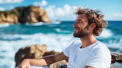 A relaxed man sits by the seaside, soaking in the sunshine and ocean breeze, embodying tranquility and appreciation for beautiful surroundings.