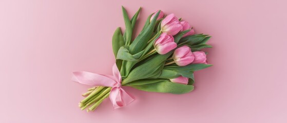 The bouquet of pink tulips tied with ribbon on pastel pink background
