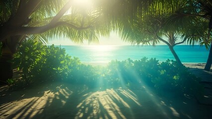 Golden sunbeams filter through the lush canopy of tropical palm trees, illuminating a pristine sandy beach and the sparkling turquoise ocean, creating a tranquil and idyllic scene
