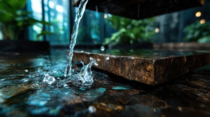 A captivating view of water cascading over a textured stone slab, surrounded by lush greenery, showcasing nature’s tranquility and beauty in a serene setting.
