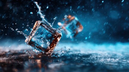 Dramatic close-up of ice cubes splashing into a dark surface illuminated by blue light, creating a visually striking contrast that evokes energy and refreshment.
