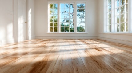 Fototapeta premium A spacious, brightly lit room showcasing wooden flooring and large windows allowing natural light that brings warmth and comfort to the interior space, ideal for relaxation.