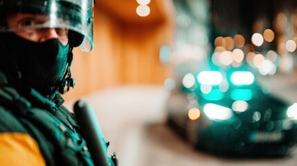 A vigilant officer in tactical gear stands watch in an urban setting, embodying themes of safety, security, and readiness amid a dynamic cityscape at night.